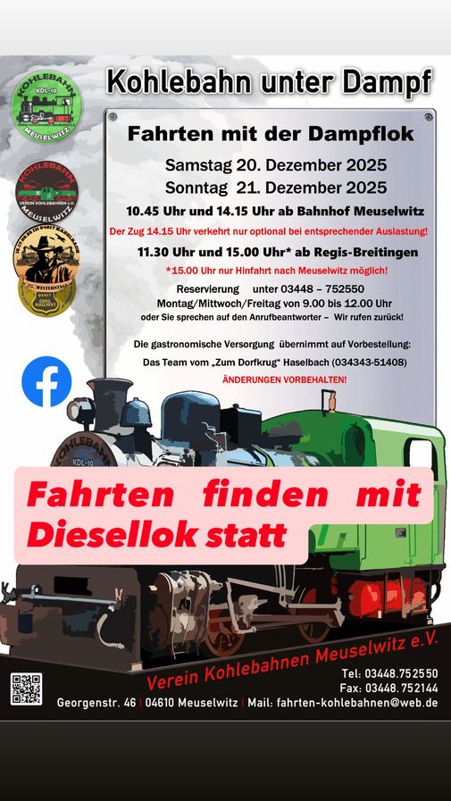 Fahrten mit Dampflok im Dezember 2025